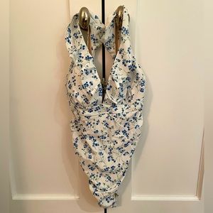 Ruffled Maternity One Piece Swimsuit UPF 50+ - Blue Meadow Floral / M